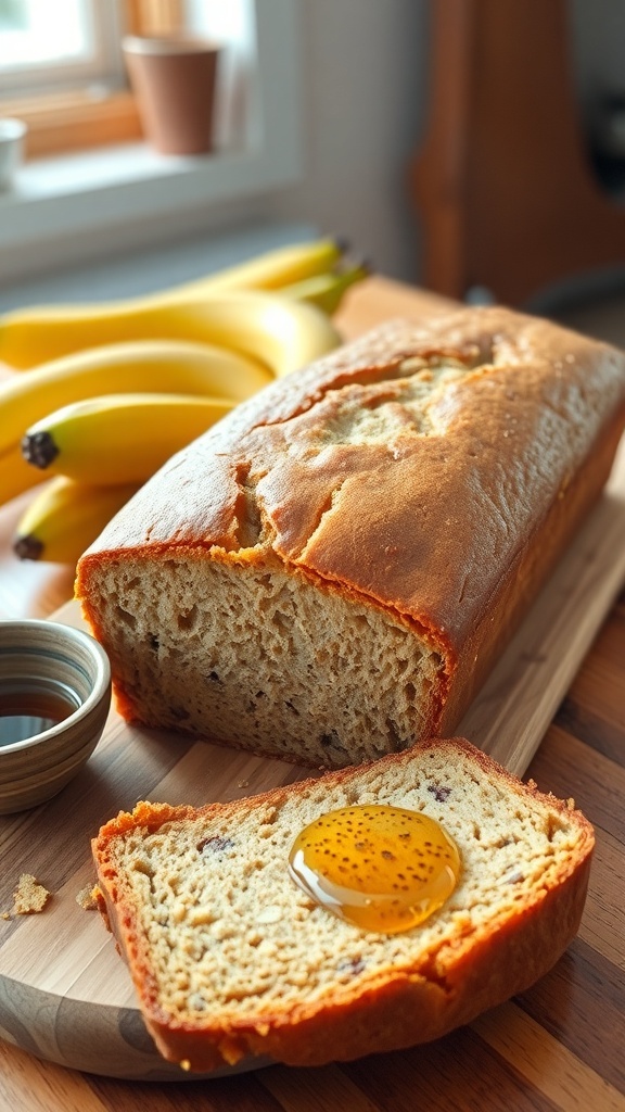 A loaf of banana bread on a cutting board with ripe bananas and honey, showcasing its moist texture.